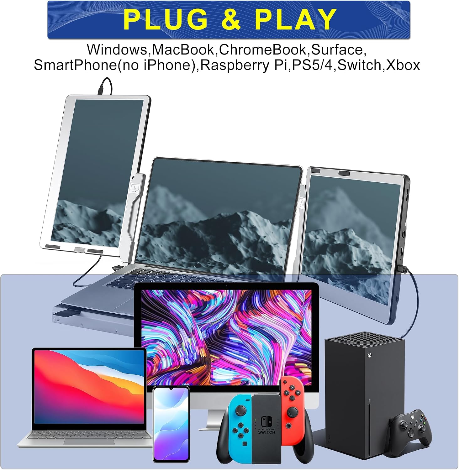 JoyReal F2 Laptop Screen Extender, 14'' 1080P Triple Portable Monitor for Laptop, 360 Rotating Monitor Desk Workstation with Multiple Laptops Stand for mac Windows Surface PS Switch