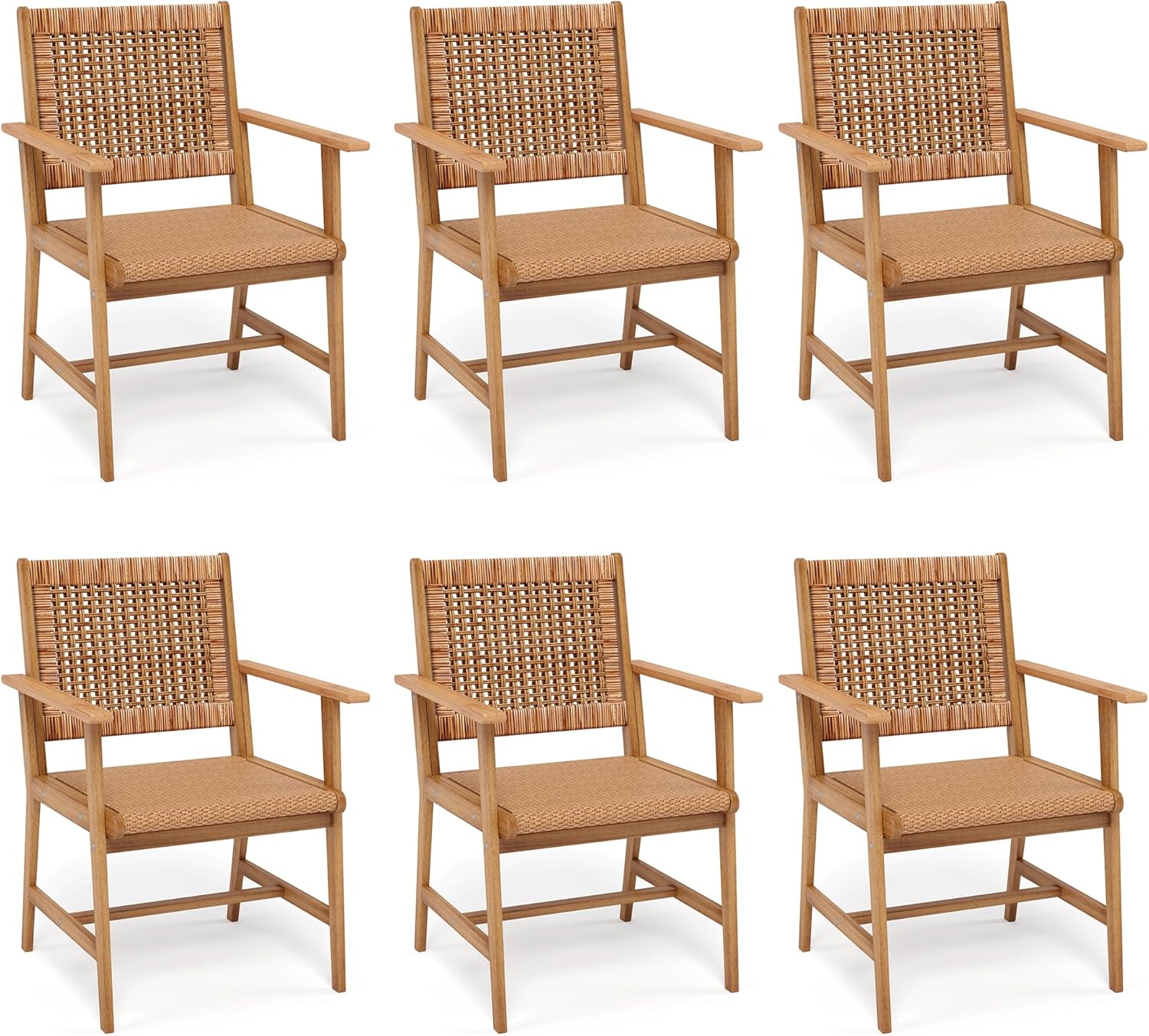 PHI VILLA Outdoor Acacia Wood Dining Chairs Set of 6, Armchairs with Strong Wicker Back & Seat, Farmhouse Style Teak Patio Deck Yard Balcony Garden Furniture