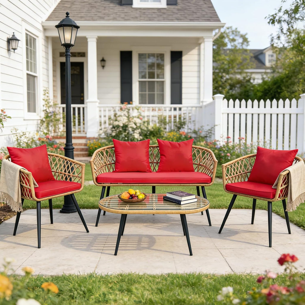 4 Piece Patio Furniture Set,Outdoor Conversation Set with Wicker Sofa, 2 Rattan Chairs and Glass Table, Patio Bistro Set with All Weather Cushions, for Garden, Porch, Backyard (Red)