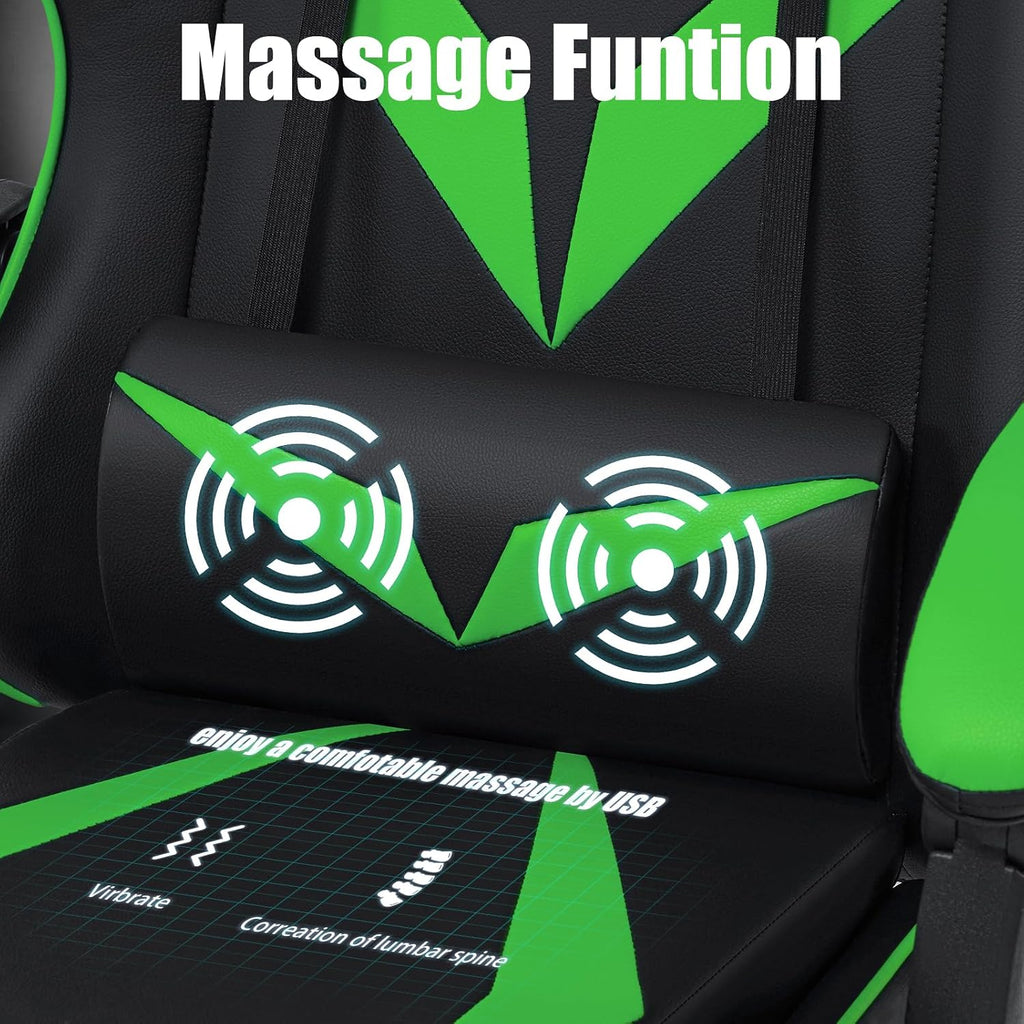 Gaming Chair with Massage Ergonomic Computer Chair with Footrest and Lumbar Support Reclining PC Game Chair for Boys with Adjustable Armrest and Headrest Green