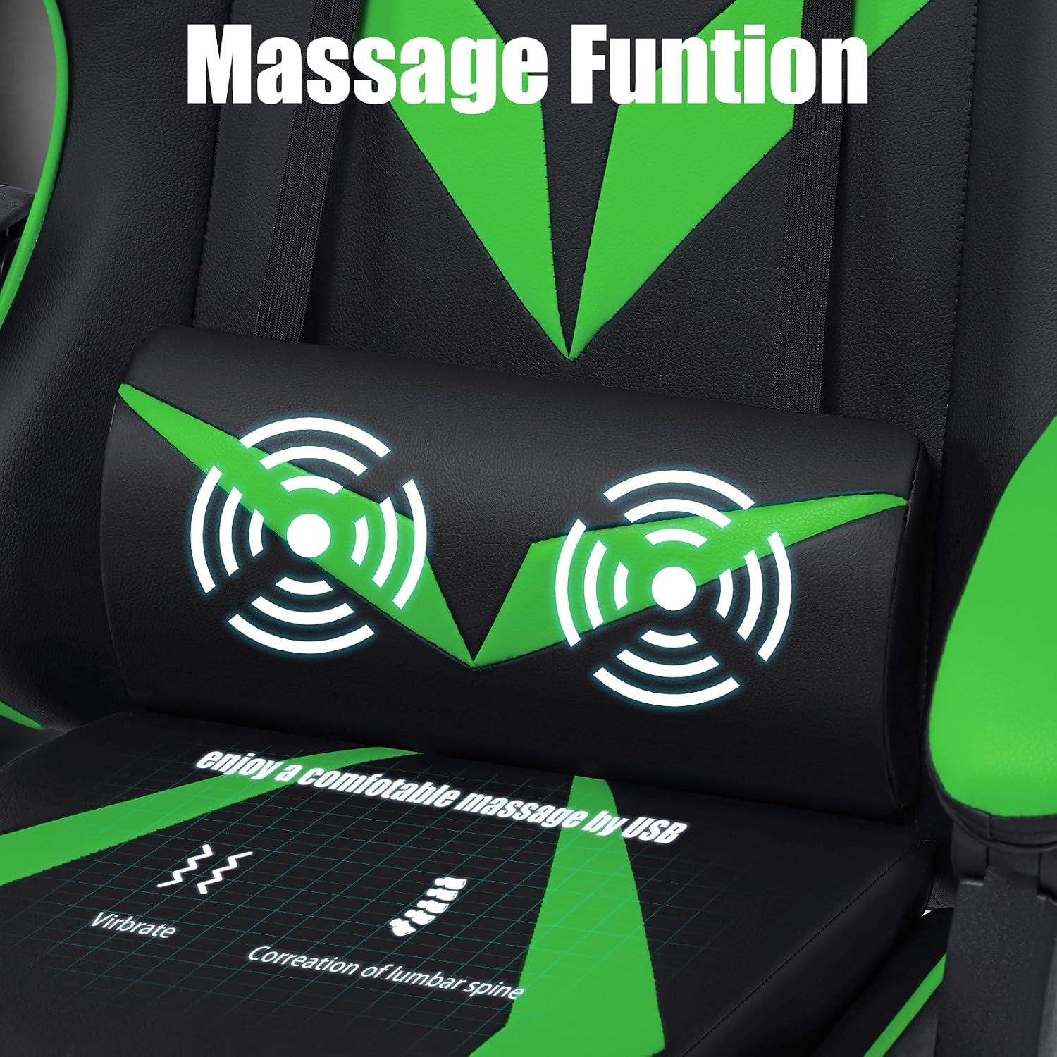 Gaming Chair with Massage Ergonomic Computer Chair with Footrest and Lumbar Support Reclining PC Game Chair for Boys with Adjustable Armrest and Headrest Green