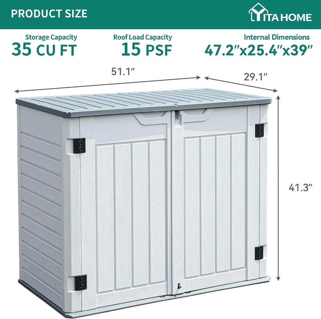 YITAHOME 35 Cu Ft Horizontal Weatherproof Storage Shed Without Shelves, Outdoor Lockable Resin Unit for Tools and Gear, Simple Assembly (Light Gray)