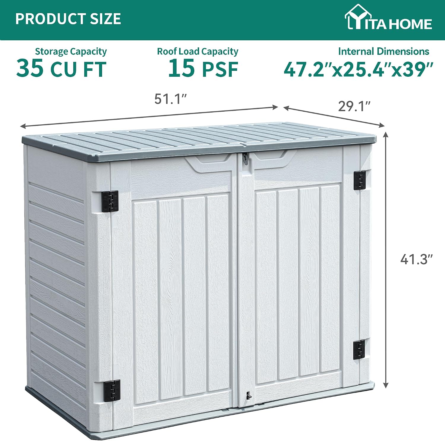 YITAHOME 35 Cu Ft Horizontal Weatherproof Storage Shed Without Shelves, Outdoor Lockable Resin Unit for Tools and Gear, Simple Assembly (Light Gray)
