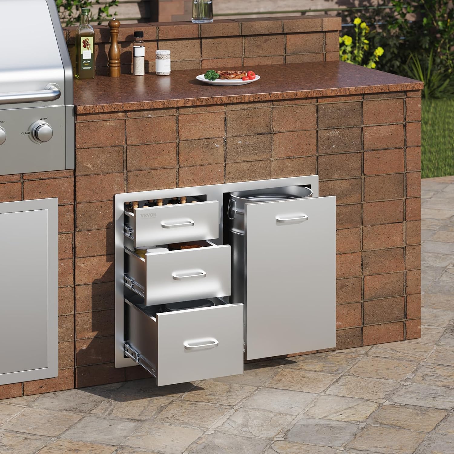 VEVOR Stainless Steel Cabinet, Outdoor Kitchen Door Drawer Combo 29.5' W x 22.6' H x 21.7' D, Access Door/Triple Drawers, Propane Drawer, Adjustable Garbage Ring, BBQ Island Patio Grill Station