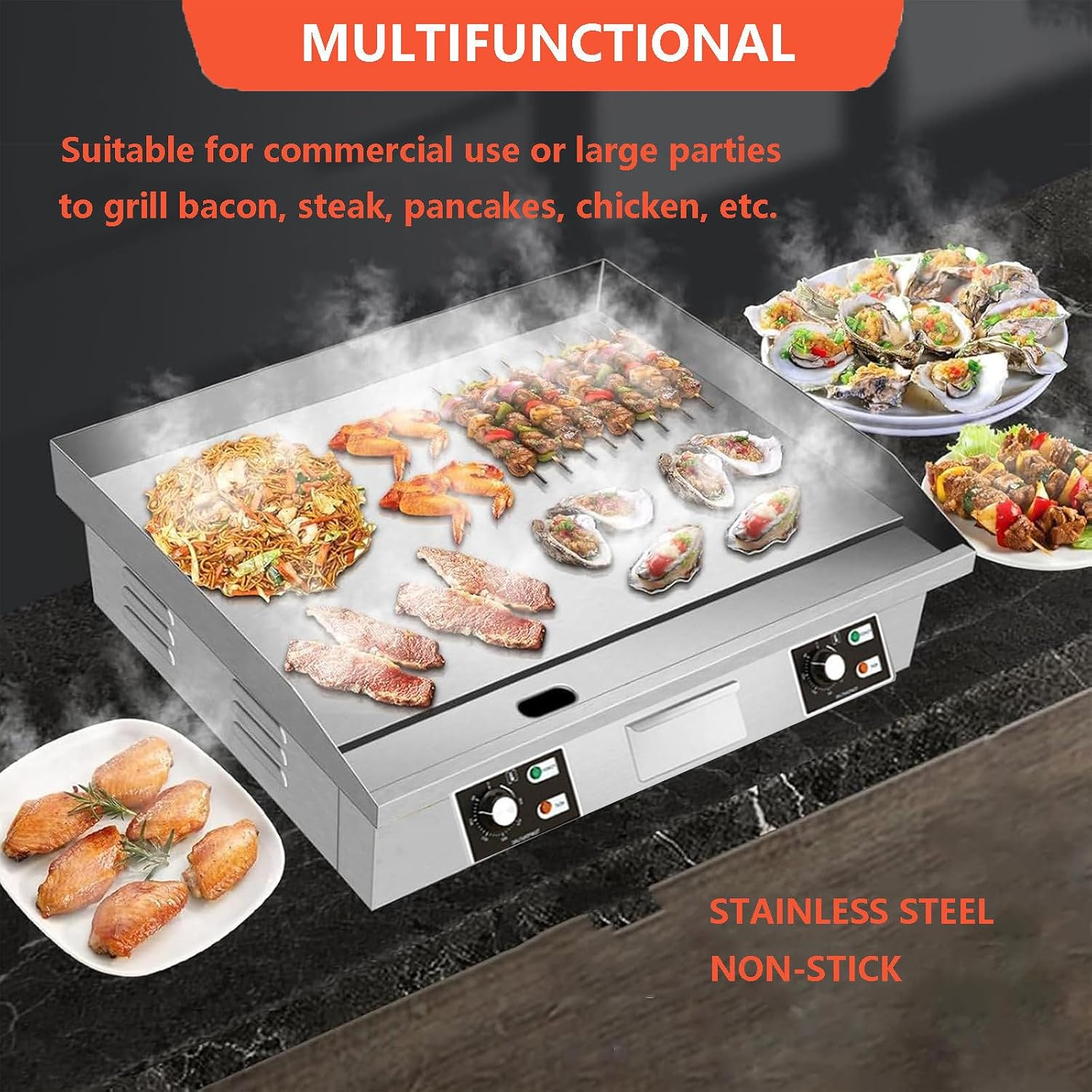 Commercial Electric Griddle, Stainless Steel Teppanyaki Grill Pancake Maker, Nonstick Barbecue Hot Plate, with 3 Cleaning Scoops and 3 Cleaning Brushes,4400W,