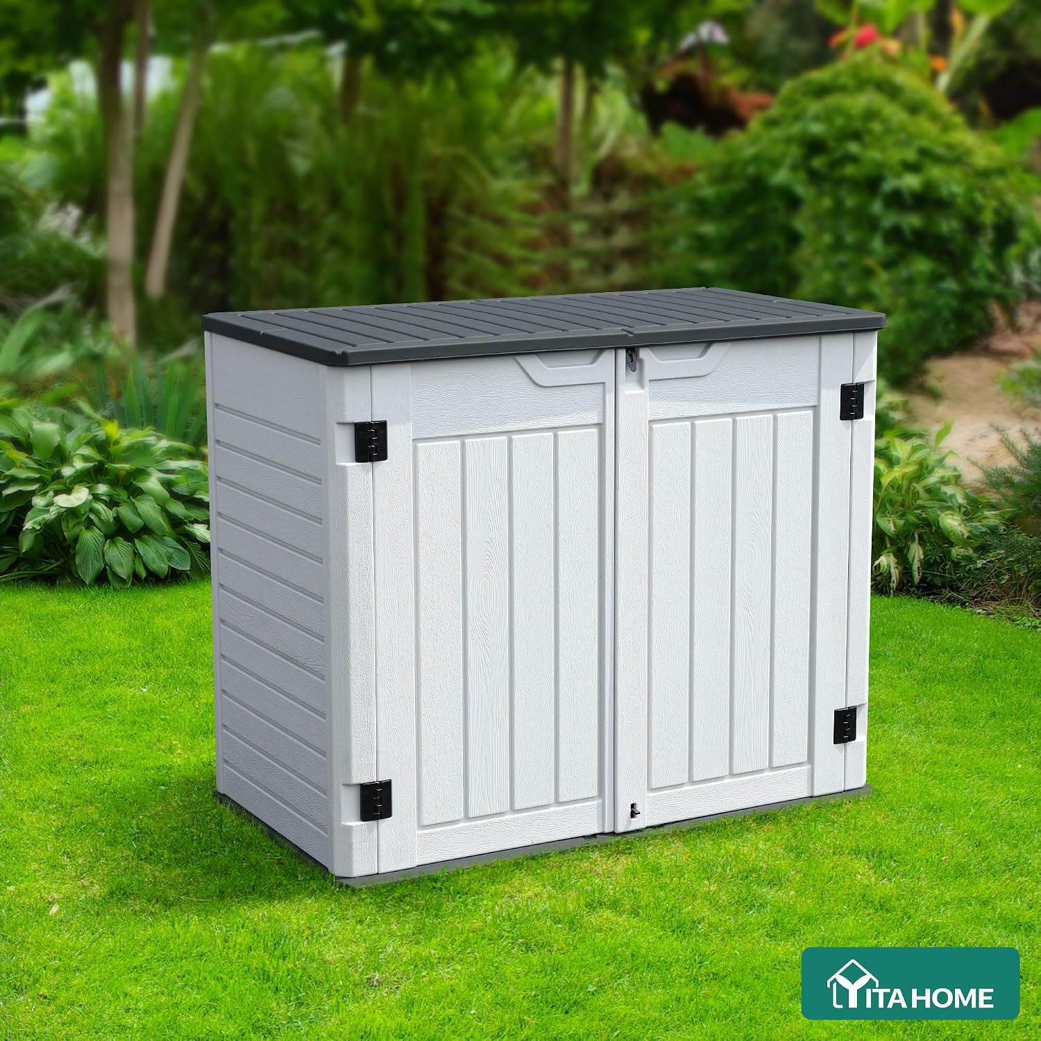 YITAHOME 35 Cu Ft Horizontal Weatherproof Storage Shed Without Shelves, Outdoor Lockable Resin Unit for Tools and Gear, Simple Assembly (Light Gray)