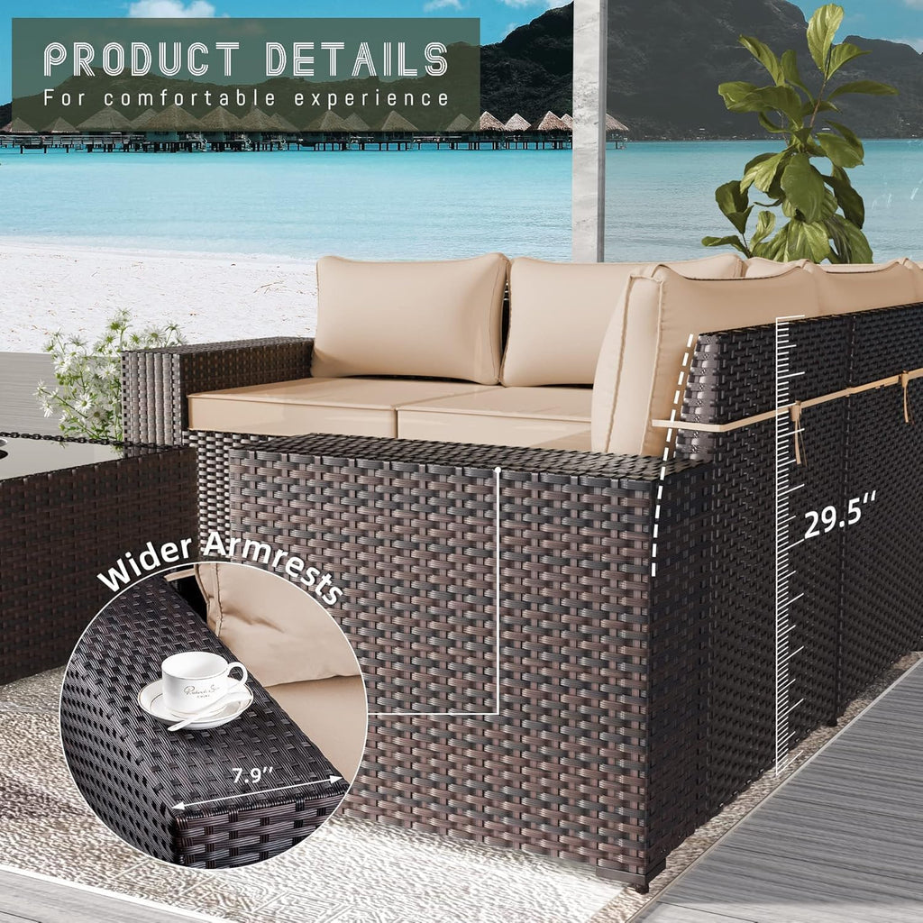 6 PCS Outdoor Patio Furniture Set,Outdoor Sectional Furniture All Weather PE Rattan Wicker Patio Conversation Set with Coffee Table and 5 Thickened Cushions,Sand