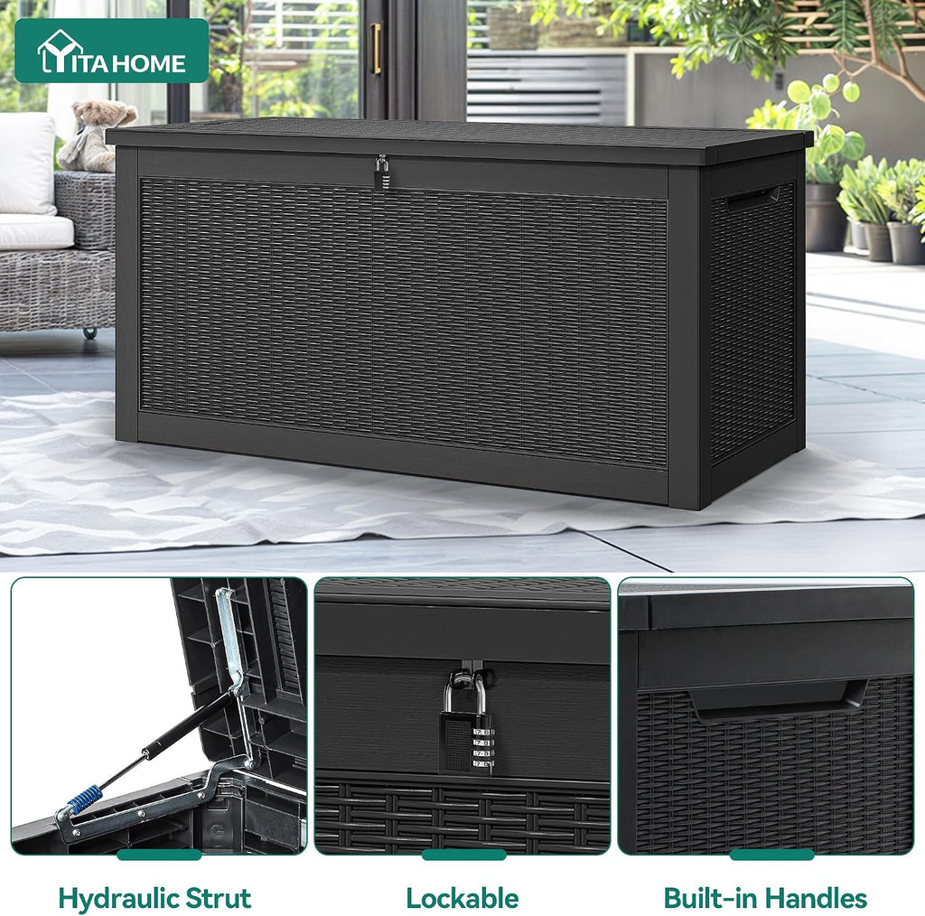 YITAHOME XXL 320 Gal Large Deck Box, Outdoor Resin Storage Box, Rattan Storage Container for Patio Furniture, Garden Tools, Waterproof, Lockable (Black)