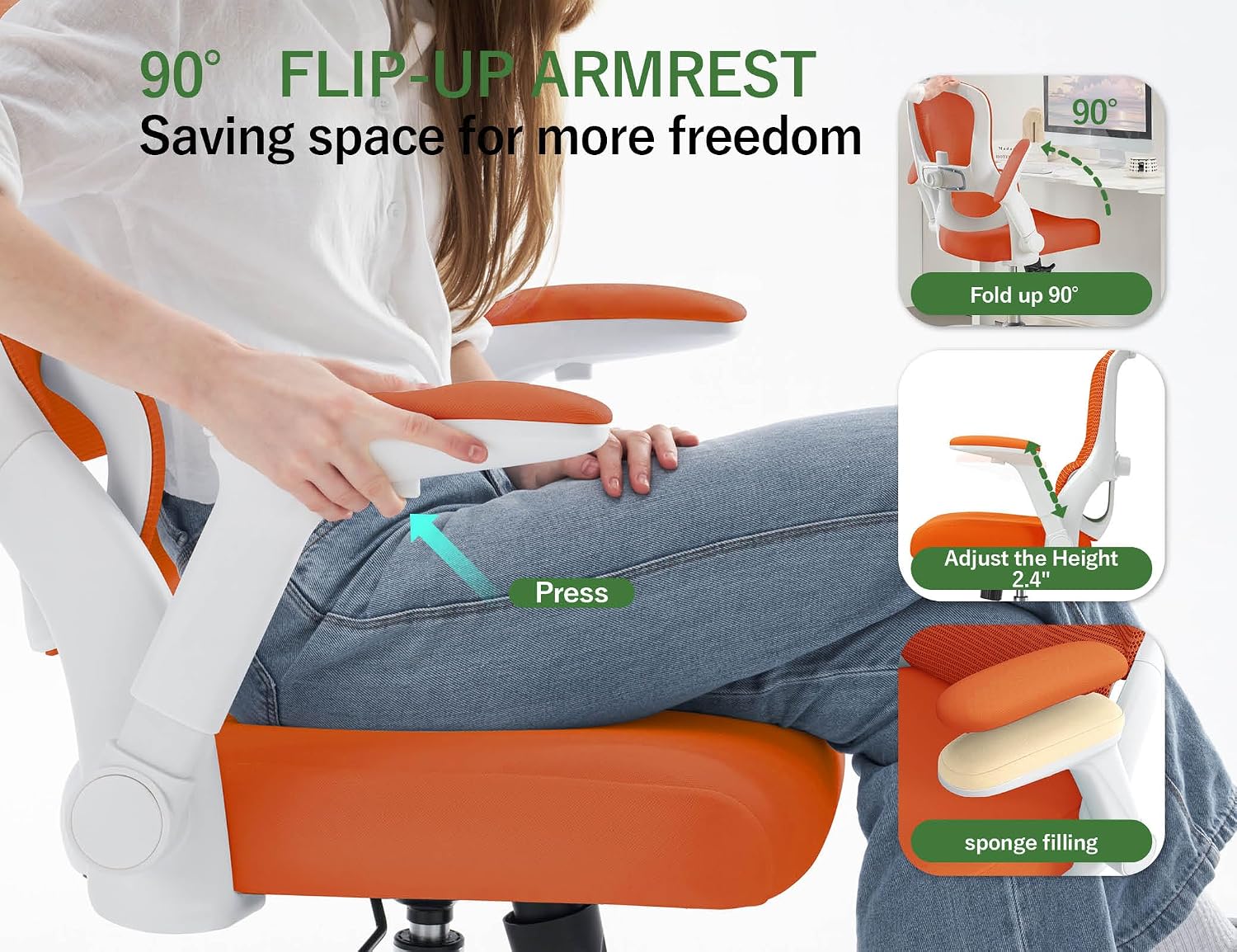 Office Chair Ergonomic Desk Chair Comfy: 400LBS Mesh Computer Chair Ergonomic Gaming Chairs with Wheels Adjustable Lumbar Support and Flip up Armrest-Swivel Executive Chairs Long Hours(Orange)