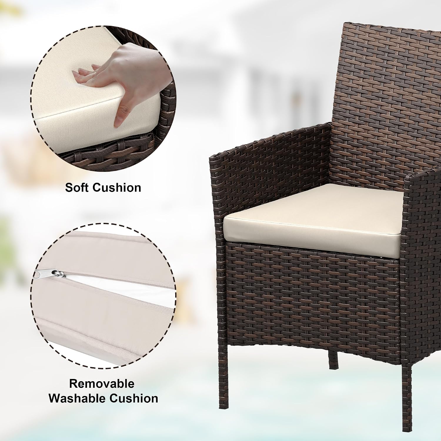 3 Piece Patio Furniture Set, Outdoor Patio Wicker Sofa Set with Upholstery and Glass Storage Coffee Table, All Weather Conversation Rattan Set for Garden, Porch, Lawn, Pool, Brown