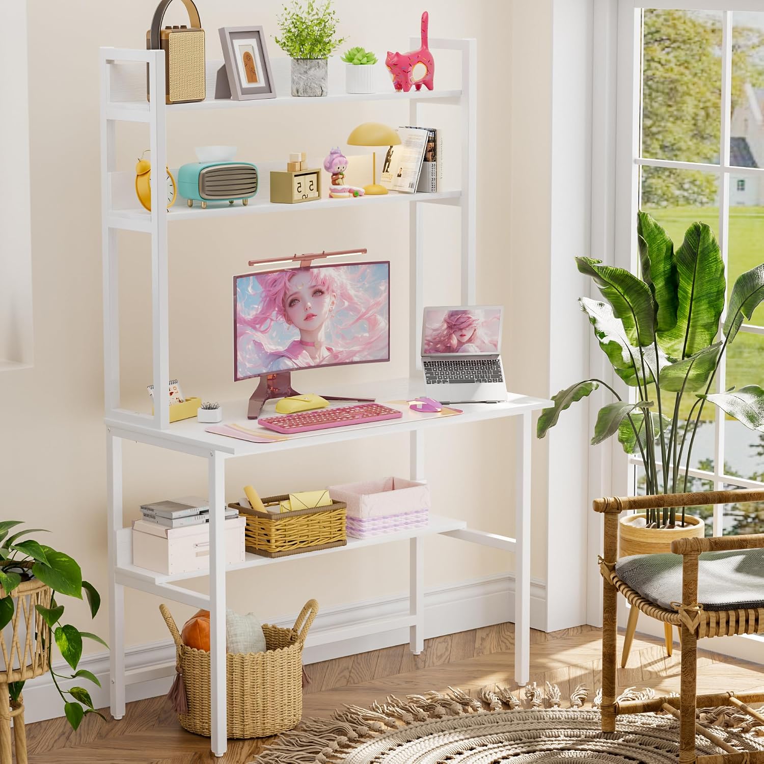 Aquzee Computer Desk with Hutch, 40'W x 19.6' D Desk with Shelves, Tall Home Office Desk with Bookshelf, Metal Legs Study Table with Upper Storage Shelf for Study Writing/Workstation, White