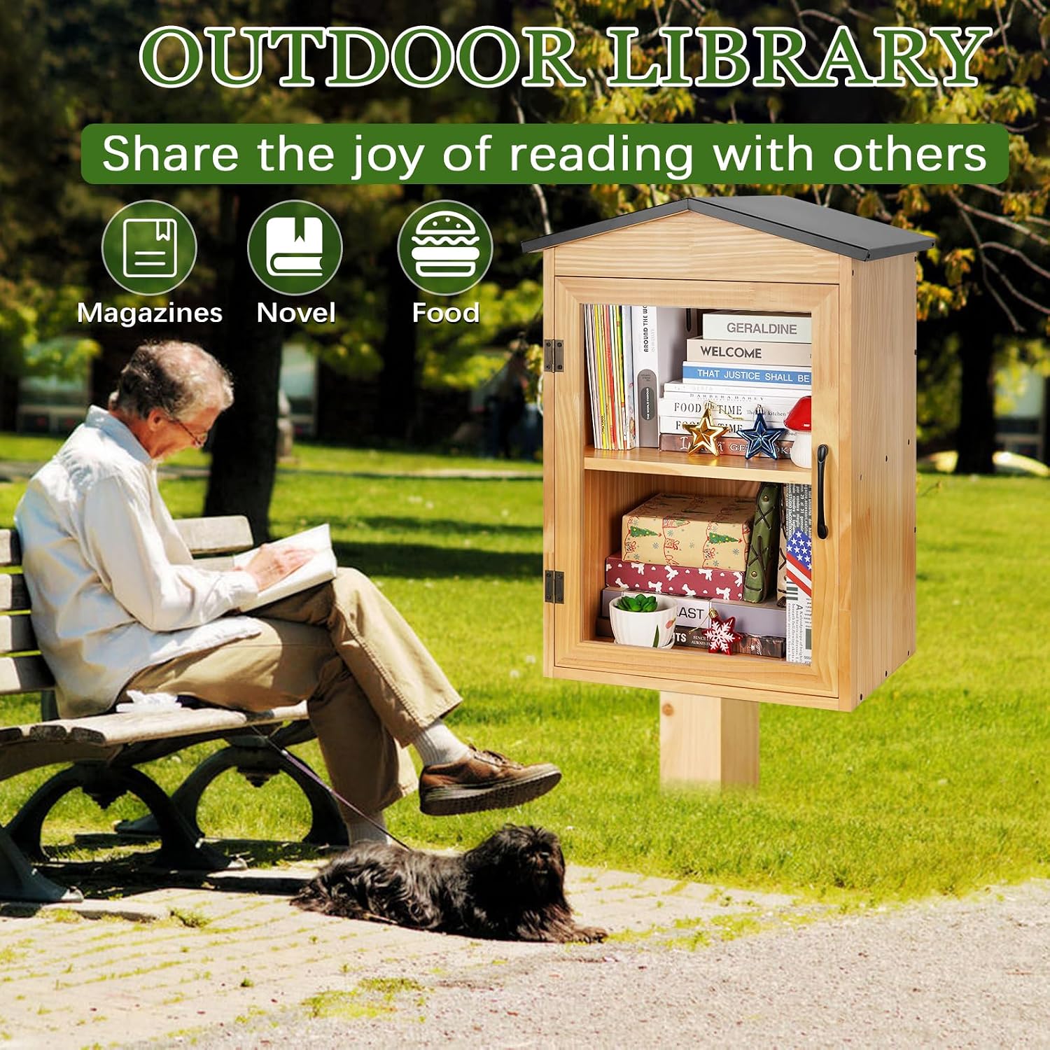 Outdoor Library Outdoor Book Box Storage Wooden Cabinet Little Literature Box for Neighborhoods Community and Schools Sharing Books, Flyers, Newspapers, Food and Art(C)