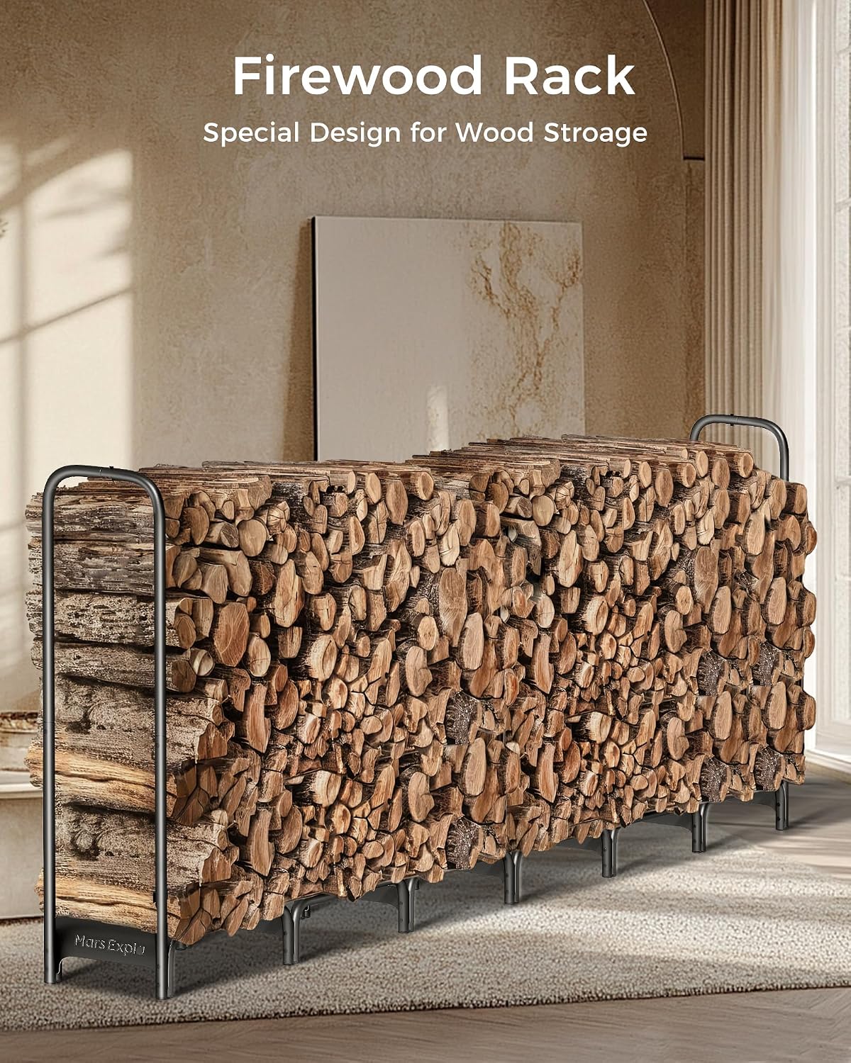 12ft Firewood Log Rack with Cover Outdoor, Heavy Duty Indoor Outdoor Firewood Storage Log Rack with Cover Combo Set Black