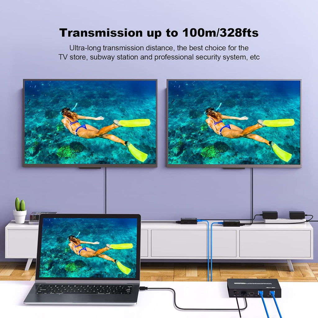 HDMI Extender Splitter 1 x 2, JCHICI 4K@30Hz 100M(328fts) HDMI Splitter with Loopout and EDID Copy Function, Lossless Transmission and Zero Latency, Support 3D