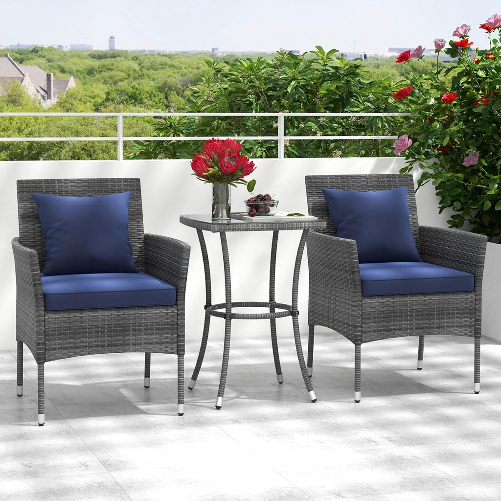 RELAX4LIFE 3-Piece Patio Furniture Set - Rattan Wicker Outdoor Furniture w/Cushions & Tempered Glass Coffee Table, Small Conversation Bistro Table and Chairs Set of 2 for Garden Porch Balcony (Navy)