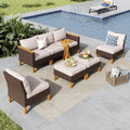 MFSTUDIO 7 Piece Wicker Patio Furniture Set, 2 x Armless Chair, 2 x Ottoman, 3-Seat Sofa, All-Weather Outdoor PE Rattan Patio Conversation Set Sectional Sofa for Garden, Backyard(Beige Cushions)