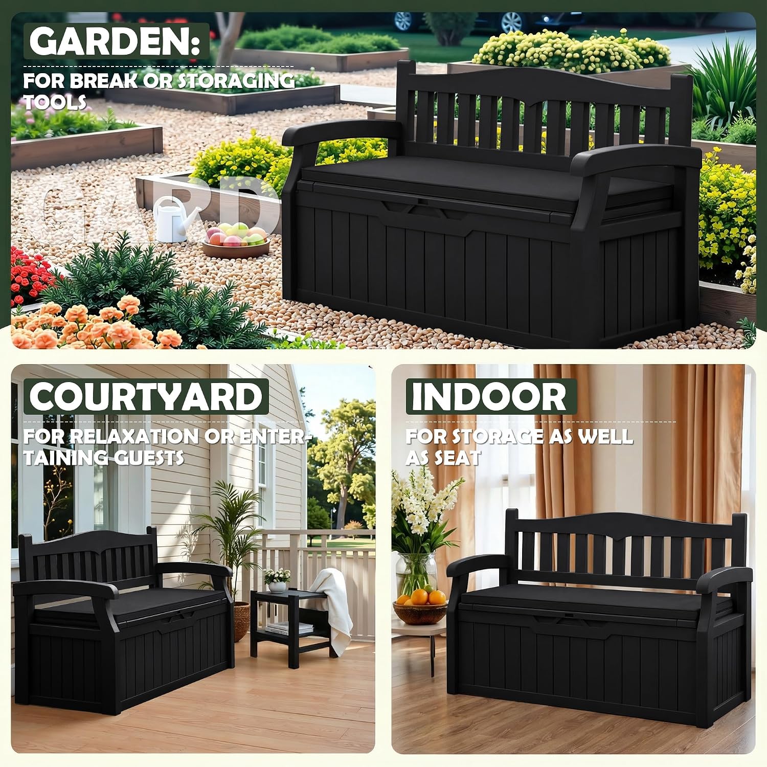 Flamaker 80 Gallon Storage Bench with Cushions Outdoor Indoor, Durable All-Weather Seating with Hidden Storage, Lockable Deck Box for Garden, Patio, Poolside (Black)