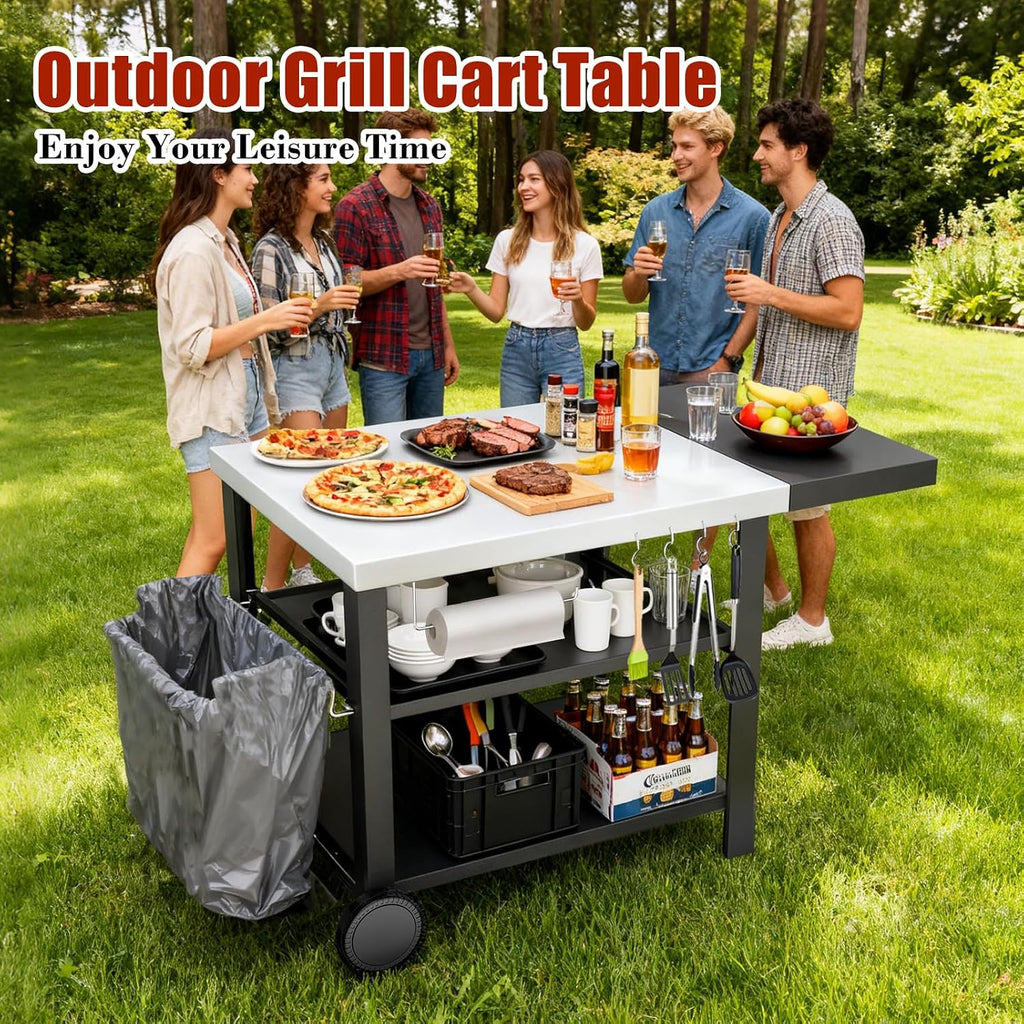 Outdoor Kitchen Island, Grill Cart with Drawer, Pizza Oven Stand, Movable 3-Shelf Prep Table with Side Table for Ninja Woodfire, Ooni Pizza Oven, Blackstone Griddle, Cuisinart, Cooking Station