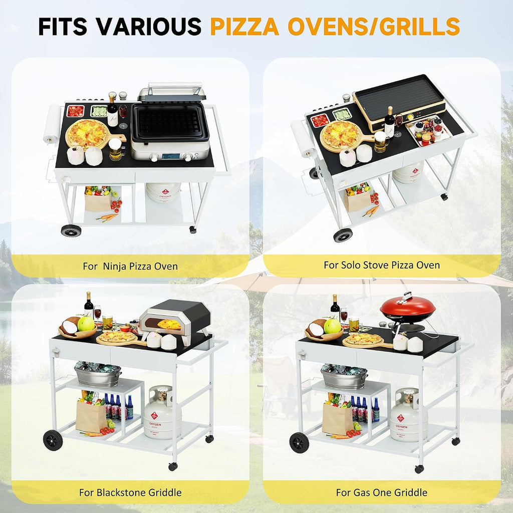 JY QAQA Pizza Oven Table Grill Cart with Condiment Shelf, Outdoor Cooking Cart, Grill Worktable for Patio, Food Prep Station Fits Ninja Woodfire Grill, Cuisinart Grill, Blackstone Griddle etc Grill