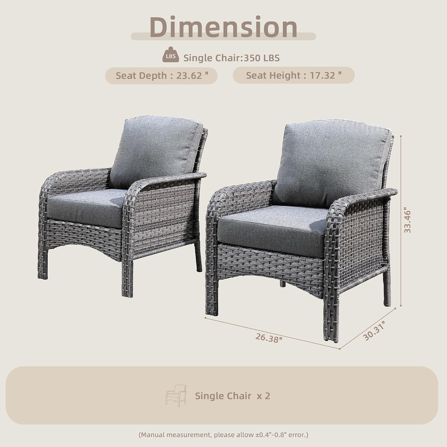 CAODOC 2 Pack Wicker Patio Furniture Chairs,Outdoor Rattan Chairs with Armrest Support 250 lb,Dark Gray