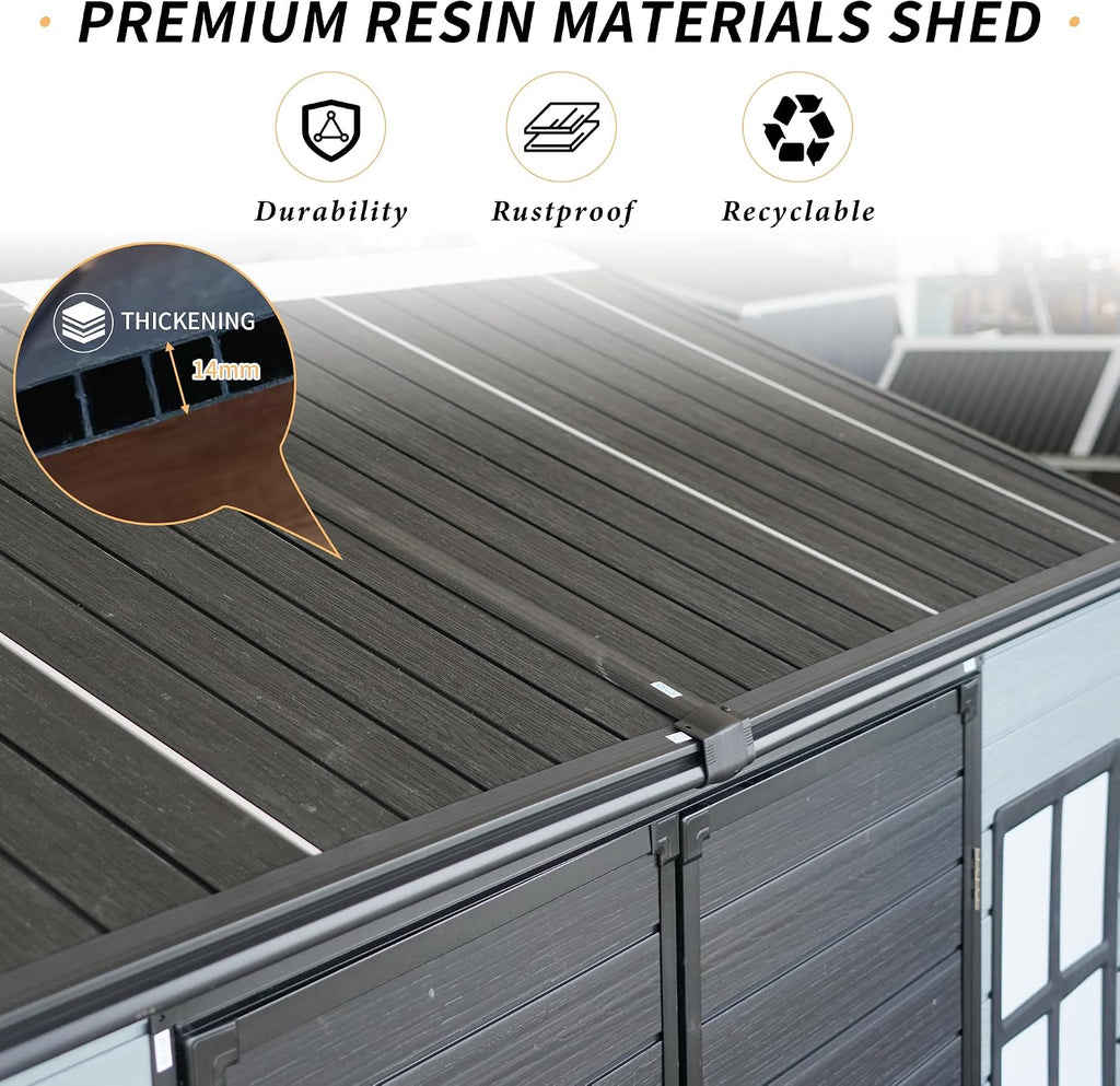 YOPTO 4x8 Ft Resin Outdoor Storage Shed Weather Resistant with Floor,Outdoor Resin Storage Shed W/ 2 Windows,Garden Tool House W/Lockable Door & Slpoed Roof,for Backyard,Patio,Lawn,Gray+Black