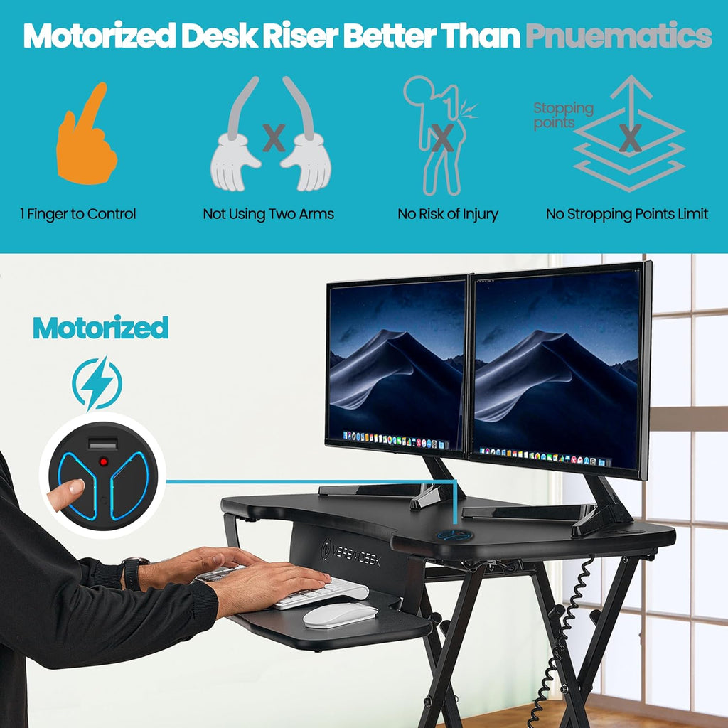VERSADESK PowerPro™ 36 Inch Electric Standing Desk Converter, Height Adjustable Sit to Stand Up Desk Riser, Laptop and Dual Monitor Desktop Workstation with Wide Keyboard Tray and USB Port, Black