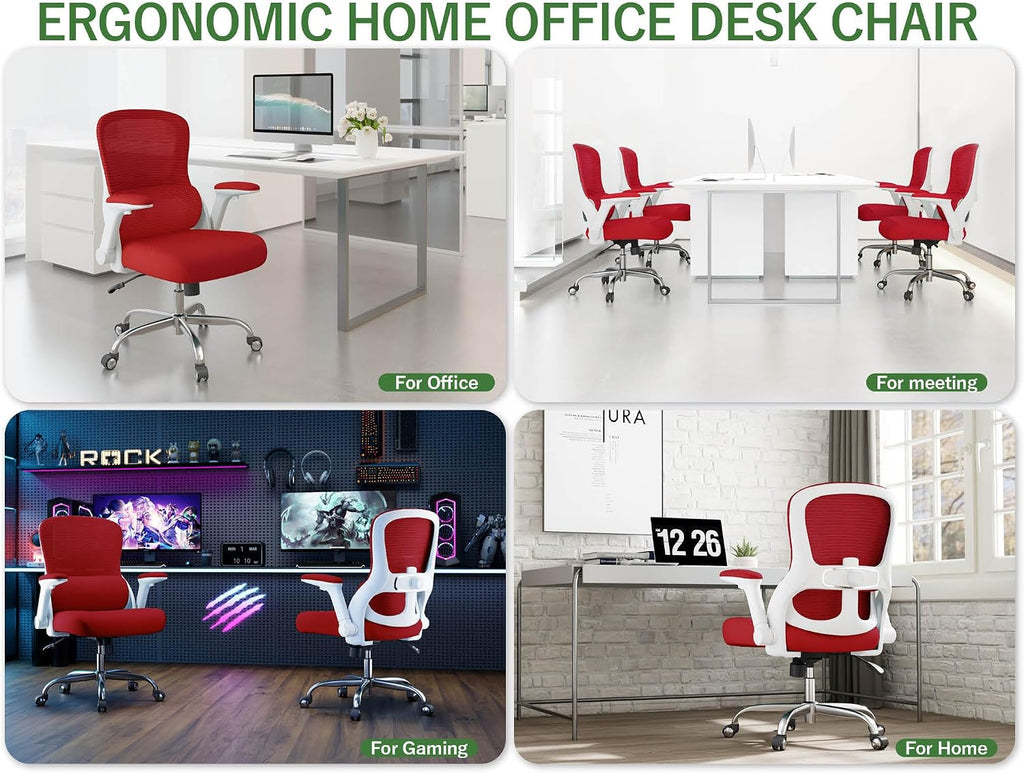 Office Chair Ergonomic Desk Chair Comfy: 400LBS Mesh Computer Chair Ergonomic Gaming Chairs with Wheels Adjustable Lumbar Support and Flip up Armrest-Swivel Executive Chairs Long Hours(Red)