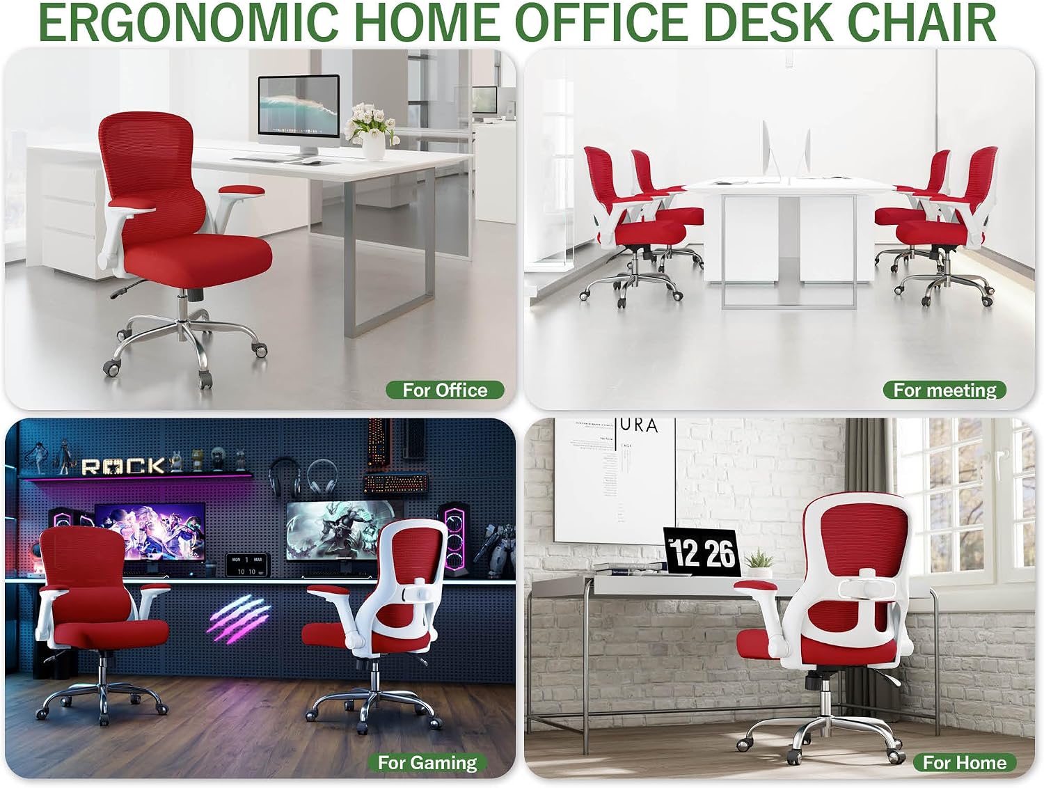 Office Chair Ergonomic Desk Chair Comfy: 400LBS Mesh Computer Chair Ergonomic Gaming Chairs with Wheels Adjustable Lumbar Support and Flip up Armrest-Swivel Executive Chairs Long Hours(Red)