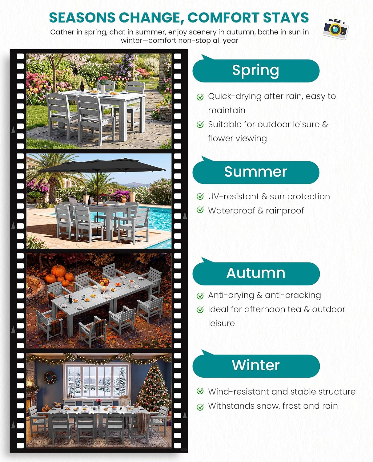 SERWALL Outdoor Dining Sets for 8, Outdoor Dining Sets for 8 Person with 2 Umbrella Hole Cut-Out Rectangular Tables and 8 Chairs, HDPE Dining Sets for Garden, Backyard, Poolside, Sliver Gray