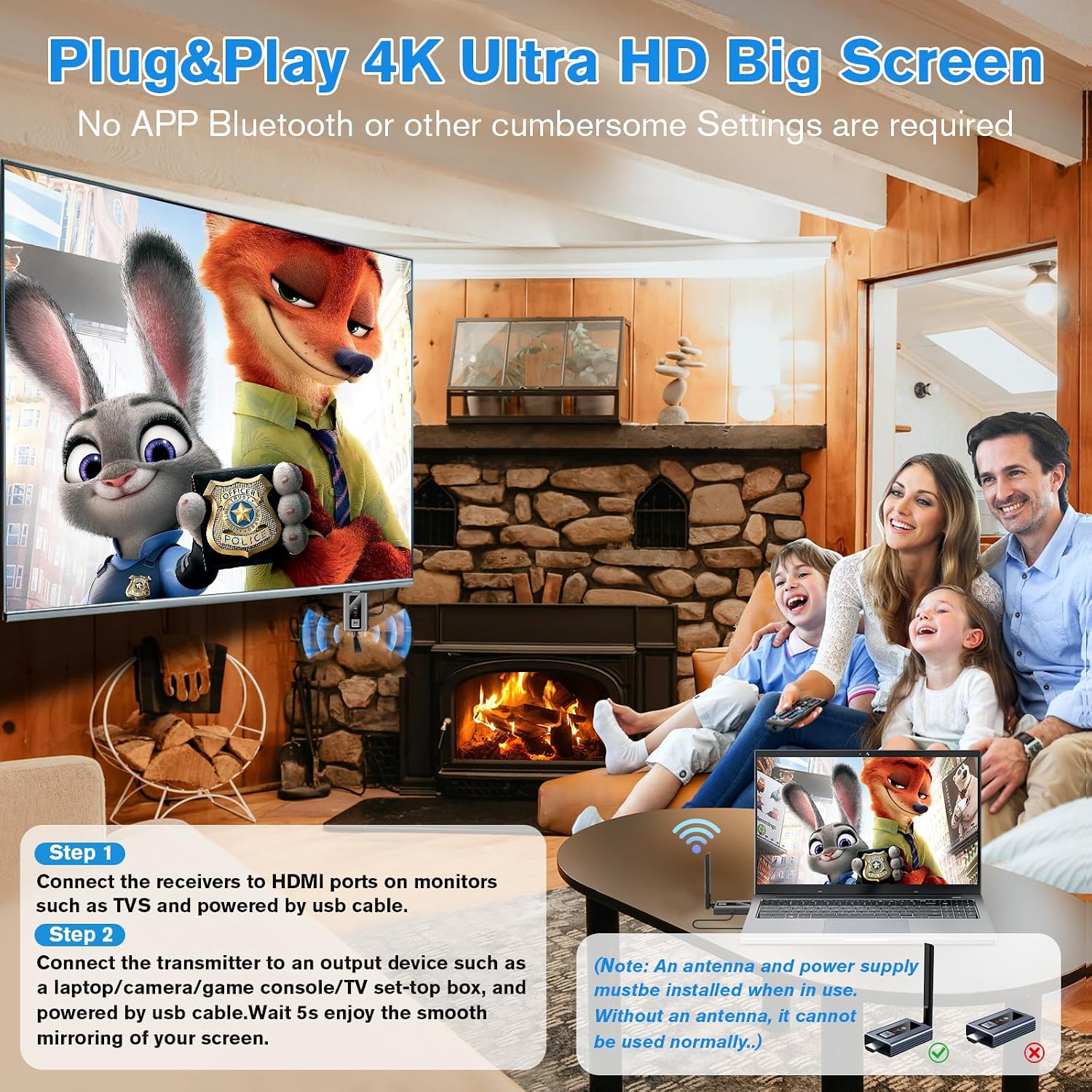 Upgraded Wireless HDMI 4 Receivers and Transmitter with LED Screen, Up to 6 RXs,165FT Plug & Play 1080P HD Output 5.8GHz Extender for TV Box/Laptop/Projector/Camera to Multiple Screens
