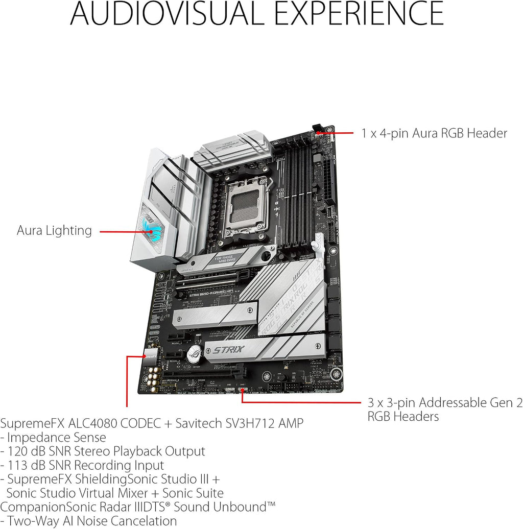 ASUS ROG Strix B650-A Gaming WiFi AMD B650 AM5 Ryzen™ Desktop 9000 8000 & 7000 ATX motherboard, 12 + 2 power stages, DDR5, 3x M.2 slot, PCIe® 4.0, 2.5G LAN, WiFi 6E, USB 3.2 Gen 2x2 Type-C®, Aura Sync