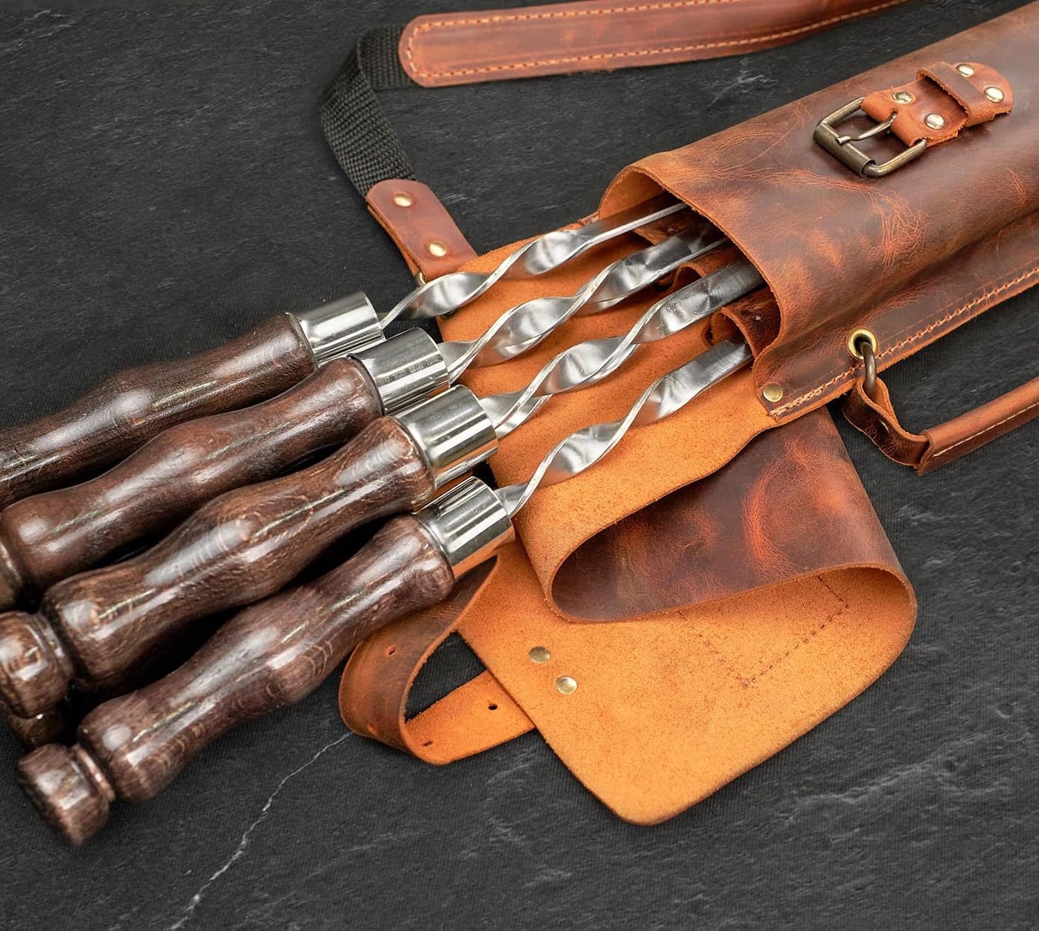 Outdoor Grill Barbeque Grill Accessories - Grill Skewers Set with Case - Premium Barbecue Tool Sets Grilling Supplies - Outdoor Grilling Accessories BBQ Supplies - Set Asgard Light Brown