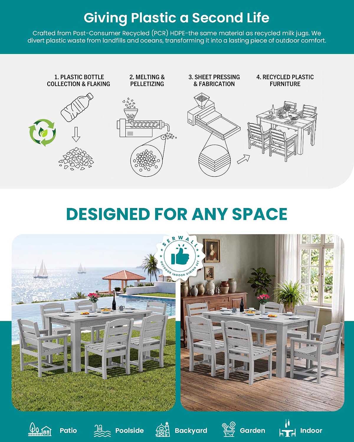SERWALL Outdoor Dining Sets for 8, Outdoor Dining Sets for 8 Person with 2 Umbrella Hole Cut-Out Rectangular Tables and 8 Chairs, HDPE Dining Sets for Garden, Backyard, Poolside, Sliver Gray