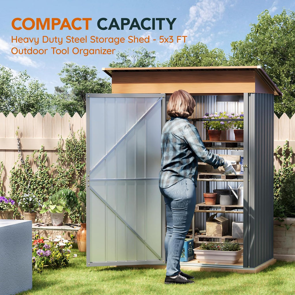 Verdeluxe 5x3FT Multi-Used Shed & Outdoor Storage Shed with Floor Frame, Lockable Doors, Compact Metal Tool Shed for Garden, Backyard, Patio, Utility, and Various Storage(Matte Gray)