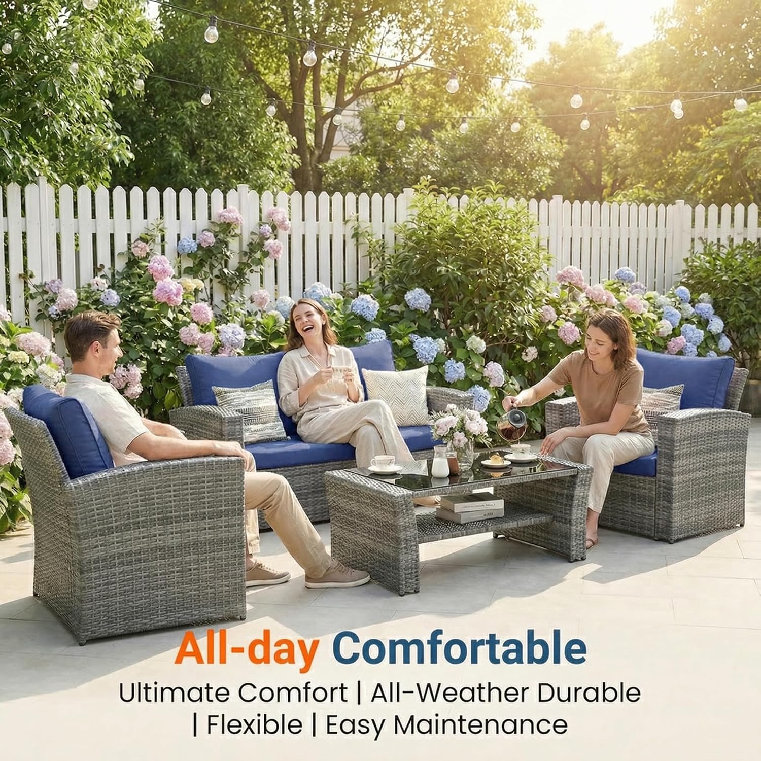 Wisteria Lane Patio Furniture Set, Wicker Outside Outdoor Furniture for All Weather, Patio Sofa with High Backrest Support and Wide Armrest for Backyard, Balcony, Deck, Porch, Navy Blue