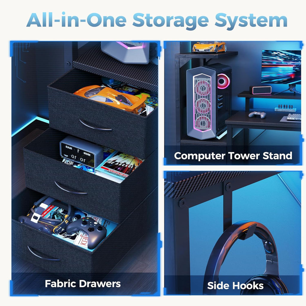 DUMOS L Shaped Gaming Desk with Shelves Storage Drawers 52'', Black Computer Desks with LED Lights Power Outlets, Office Wood Table with PC Stand Cable Management for Bedroom Dual Monitor Streaming