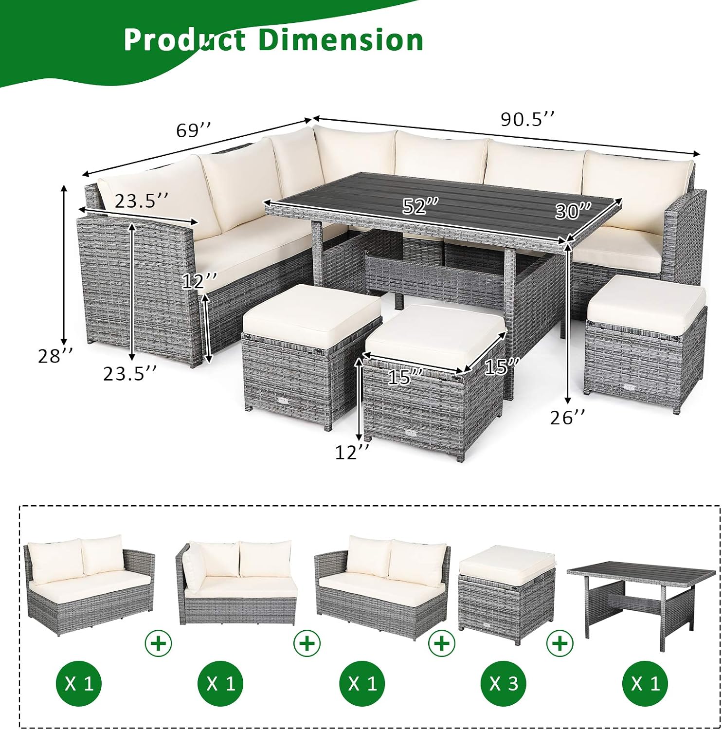 Tangkula 7 Pieces Patio Furniture Set, Outdoor Sectional Rattan Dining Sofa Set with Cushions, All Weather Wicker Conversation Couch Set with Dining Table & Ottomans for Yard Garden Poolside, White