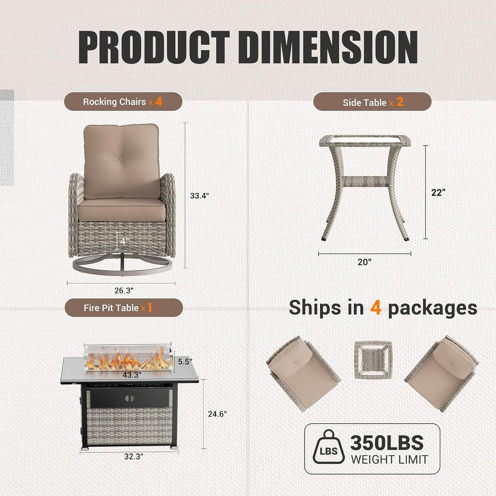 7Pcs Patio Rocking Swivel Chair with 55,000 BTU Fire Pit Table Outdoor Wicker Rattan Bistro Set with Tempered Glass Side Table, Outdoor Patio Furniture Set for Garden and Balcony, Beige