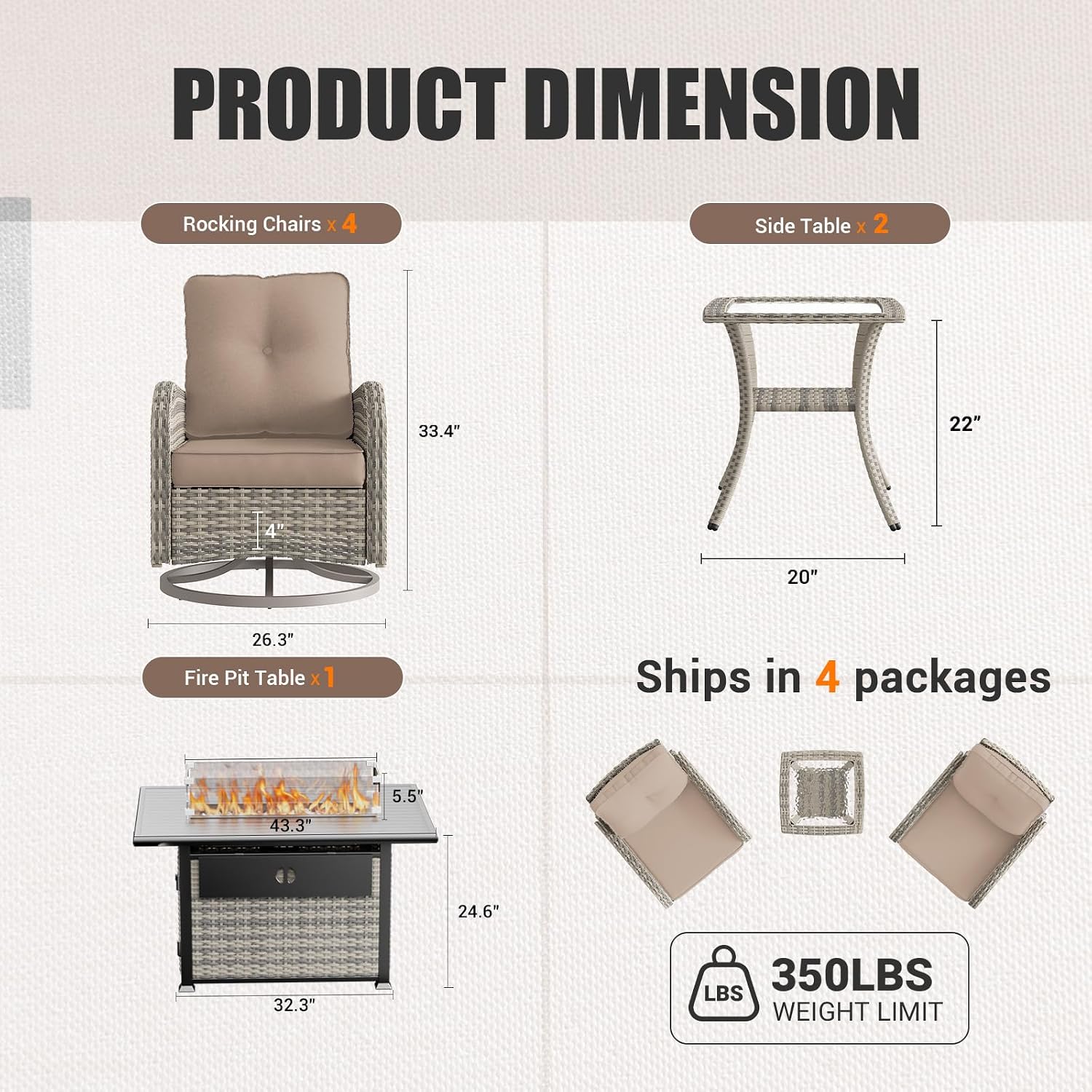 7Pcs Patio Rocking Swivel Chair with 55,000 BTU Fire Pit Table Outdoor Wicker Rattan Bistro Set with Tempered Glass Side Table, Outdoor Patio Furniture Set for Garden and Balcony, Beige