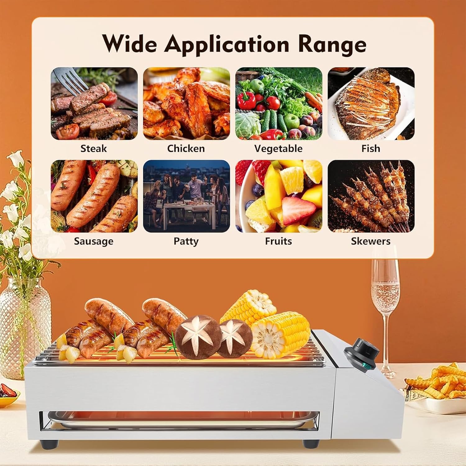 2600W Commercial Electric Grill, Smokeless Indoor Grill with Removable Baking Pan, Adjustable Temperature 50-300℃, Rapid Heating, Easy To Clean and Carry for Restaur