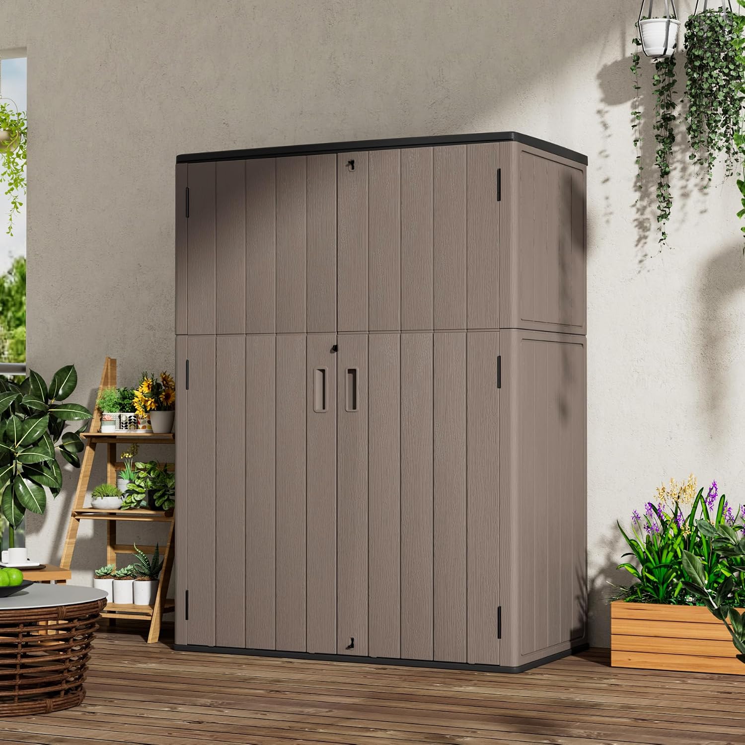 Mrosaa Outdoor Storage Shed Waterproof,Resin Storage Cabinet Outdoor with Floor,Tall Outdoor Storage Box for Garage Storage, Pool Storage, Bike, Garden (57Cu.ft)-Brown