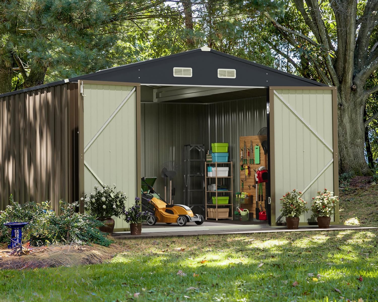 Greesum 10x10FT Outdoor Storage Shed, Utility Tool Shed Metal Storage Shed with Door & Lock for Patio Storage, Garden, Lawn, Brown