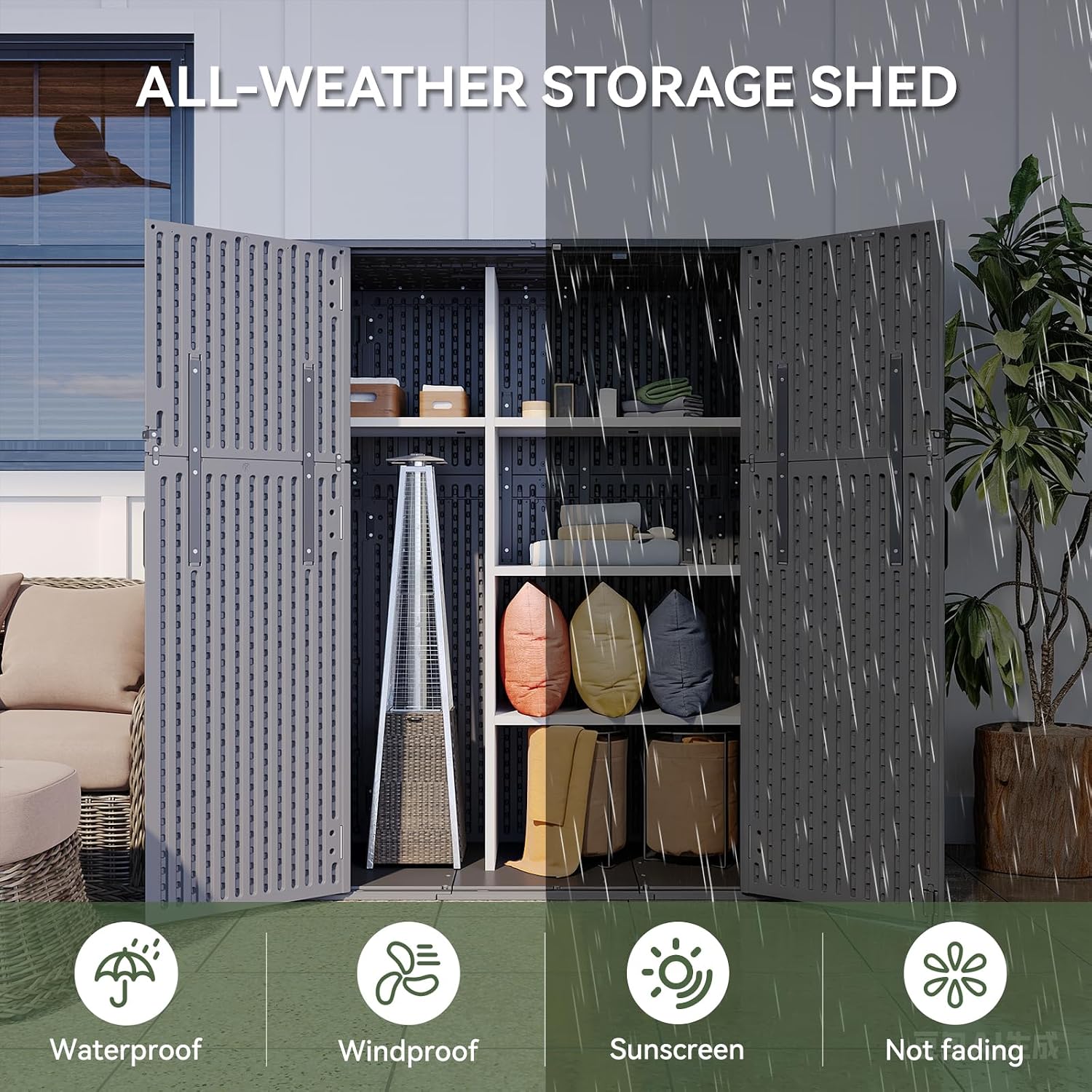 Aoxun Outdoor Storage Shed with Floor, 61 Cu.Ft Large Outdoor Storage Cabinet, Waterproof Vertical Resin Shed for Garden Tools, Pool Equipment, Dark Grey