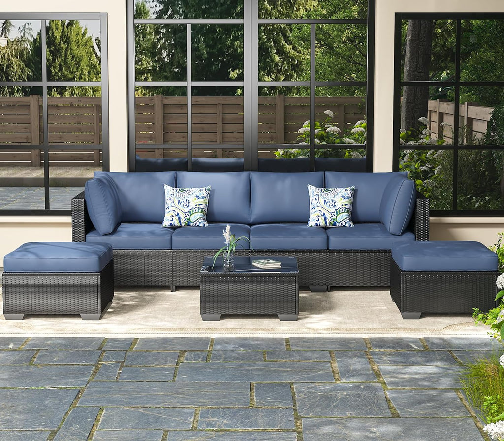 AECOJOY 7 Piece Outdoor Patio Furniture Set, Outdoor Sectional Conversation Furniture Chair with Coffee Table, Patio Sectional for Backyard, Garden(Navy Cushions and Black Rattan)