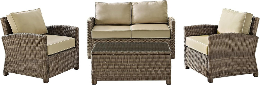 Crosley Furniture Bradenton 4-Piece Outdoor Loveseat Patio Furniture Set, Wicker Conversation Sets for Porch, Brown with Sand Cushions