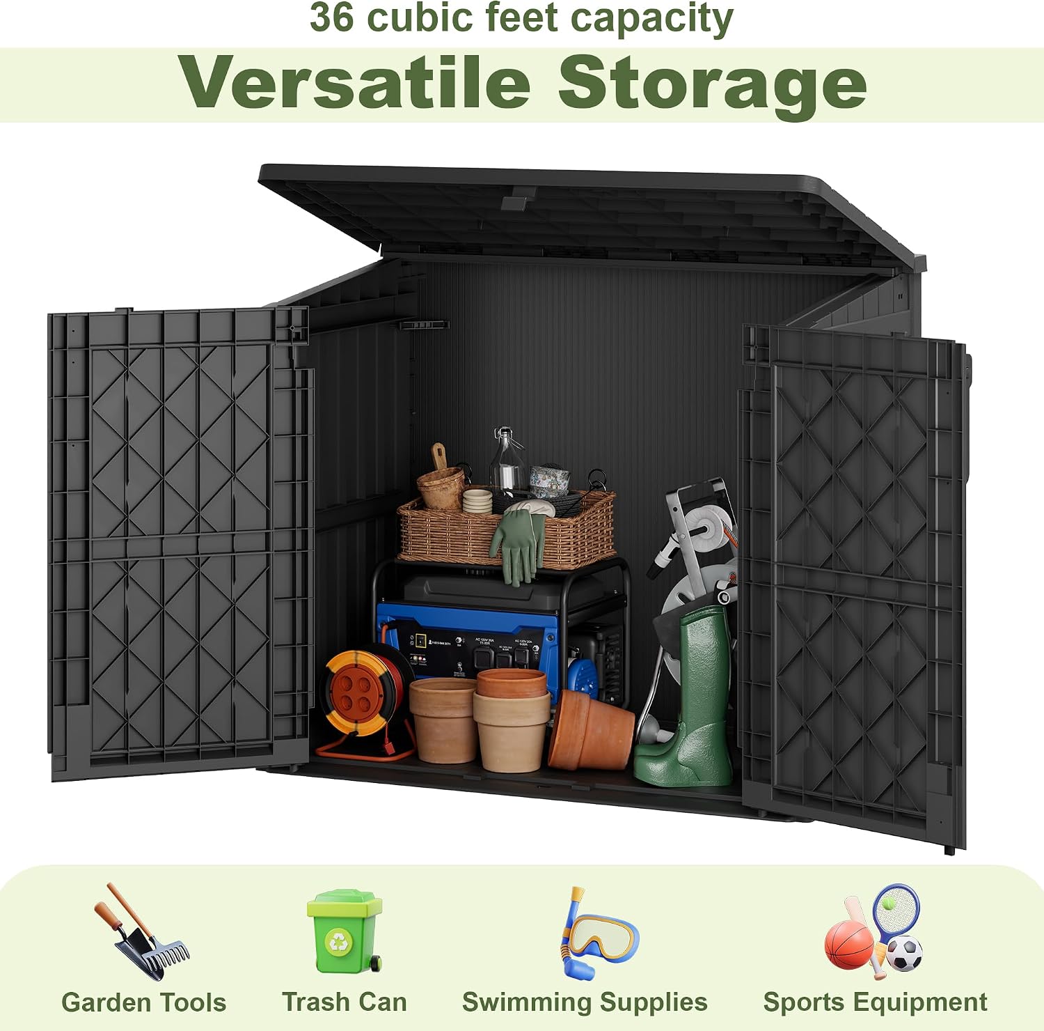 36 Cu Ft Resin Outdoor Storage Shed, Weatherproof Horizontal Outdoor Storage Cabinet with Dual Lock Door for Backyard, Patio, Garage, Garden(Black)