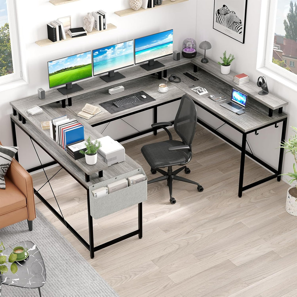 Garvee 79 Inch u Shaped Computer Desk,Large Gaming Desk with Power Outlets & LED Lights,Reversible l Shaped Desk for Home Office Work and Gaming,Gray