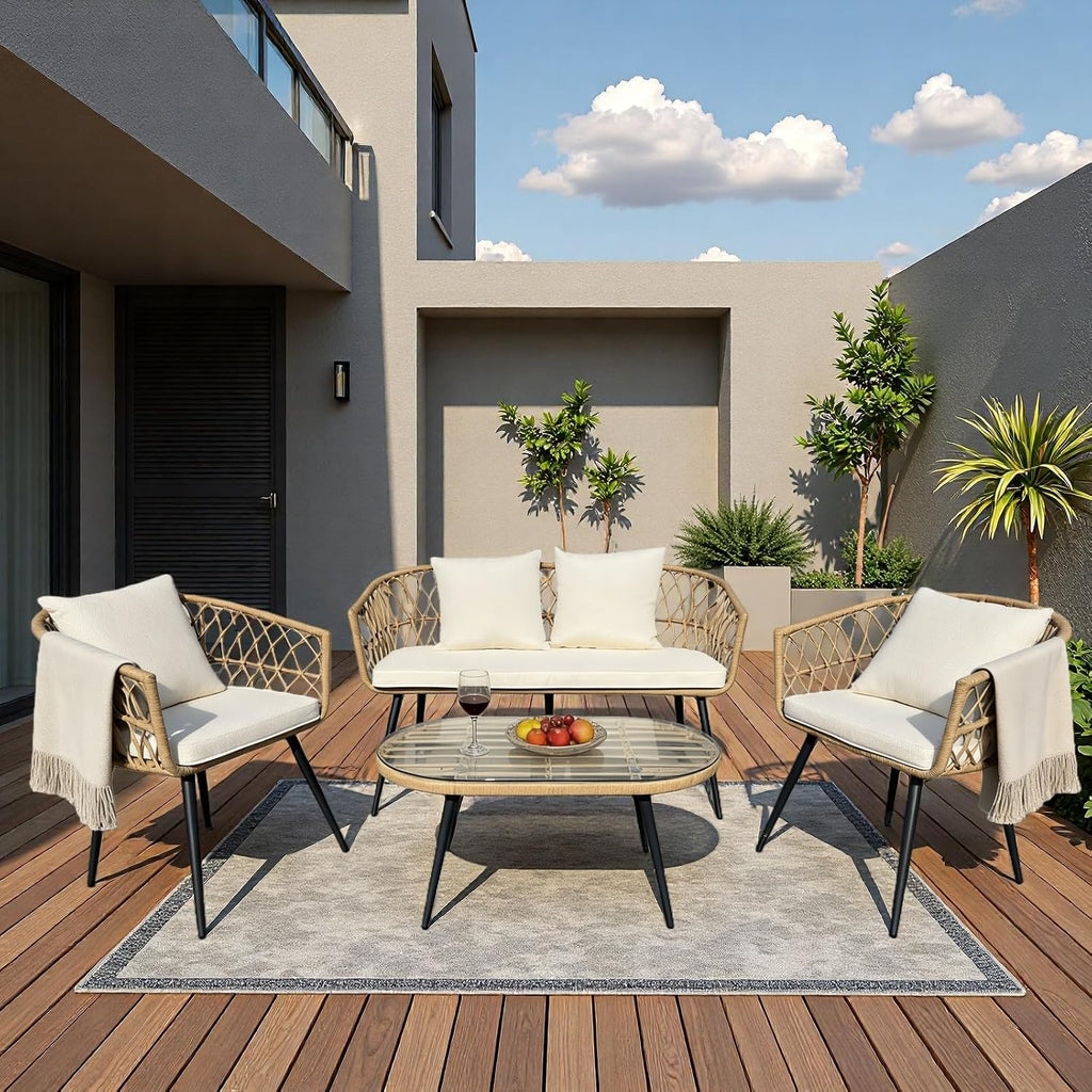 4 Piece Patio Furniture Set,Outdoor Conversation Set with Wicker Sofa, 2 Rattan Chairs and Glass Table, Patio Bistro Set with All Weather Cushions, for Garden, Porch, Backyard (Beige)