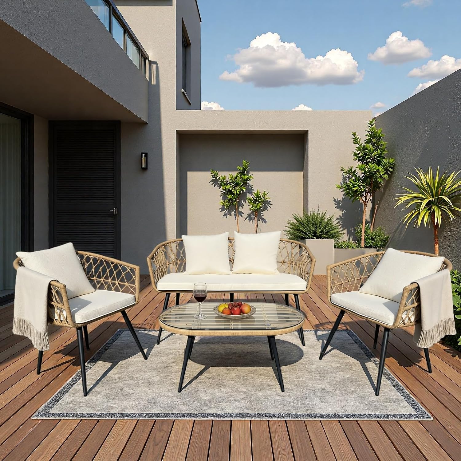 4 Piece Patio Furniture Set,Outdoor Conversation Set with Wicker Sofa, 2 Rattan Chairs and Glass Table, Patio Bistro Set with All Weather Cushions, for Garden, Porch, Backyard (Beige)