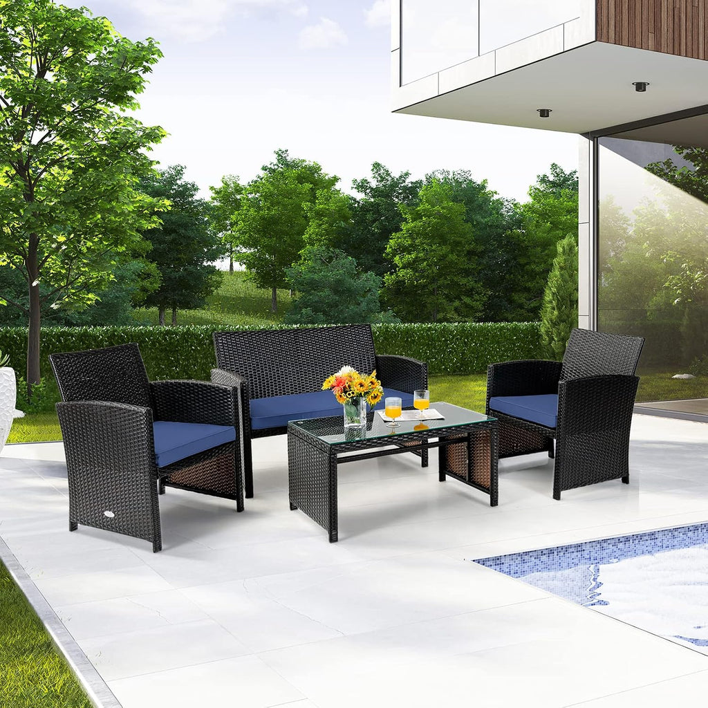 Tangkula 4 Pieces Rattan Furniture Set, Outdoor Conversation Set w/Chair & Loveseat & Tempered Glass Coffee Table, Suitable for Garden, Backyard, Poolside, Patio Furniture Set for 4 (1, Blue)